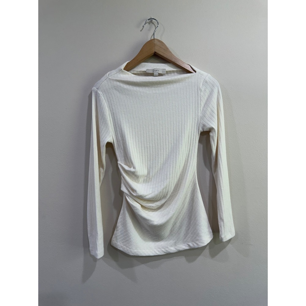 Loft Ribbed Boat Neck Long Sleeve Top Cream Ivory Side Ruched Petite Small SP